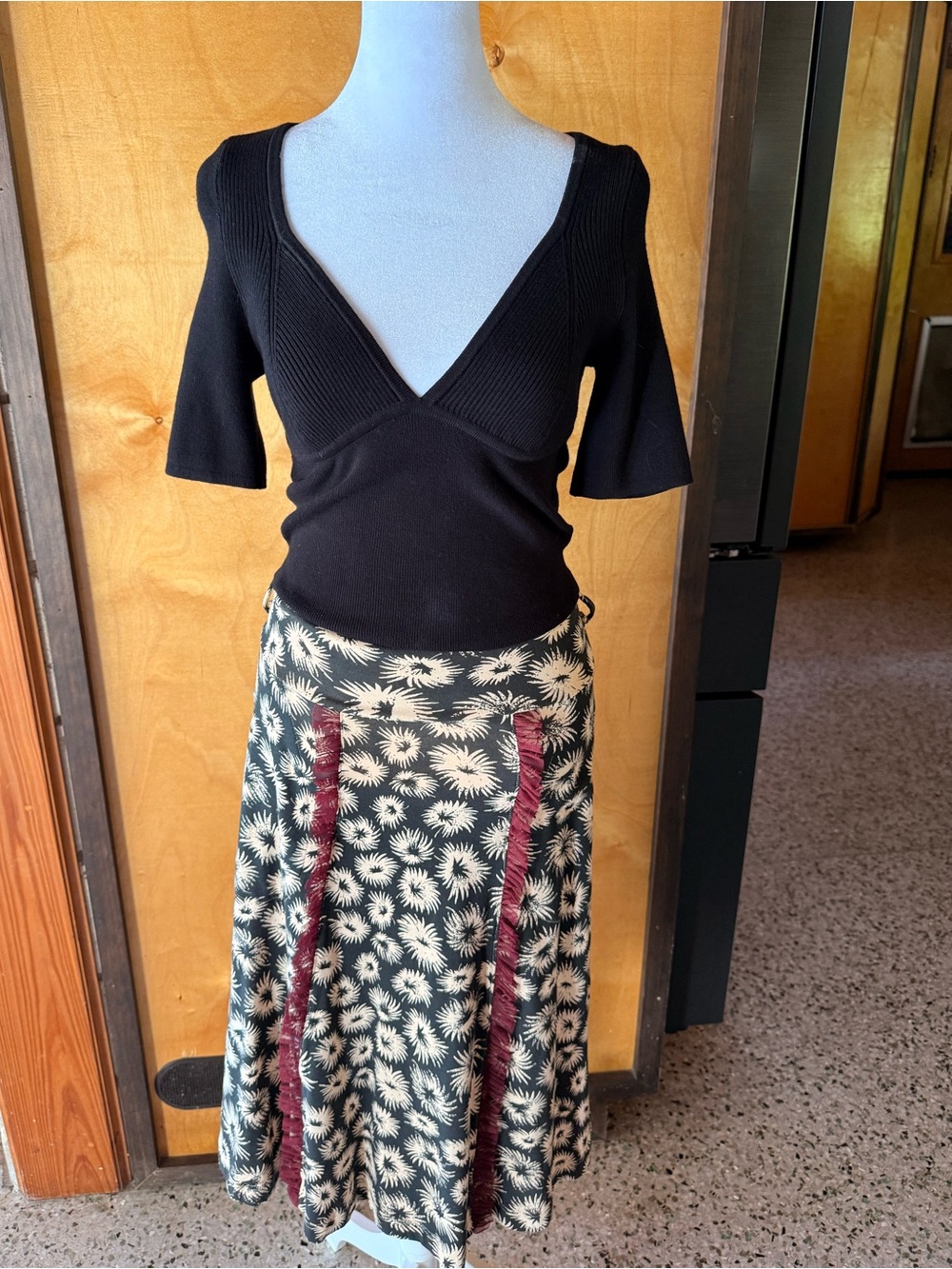Effie's Heart Black Floral Midi Skirt with Cream Print and Burgundy Panels